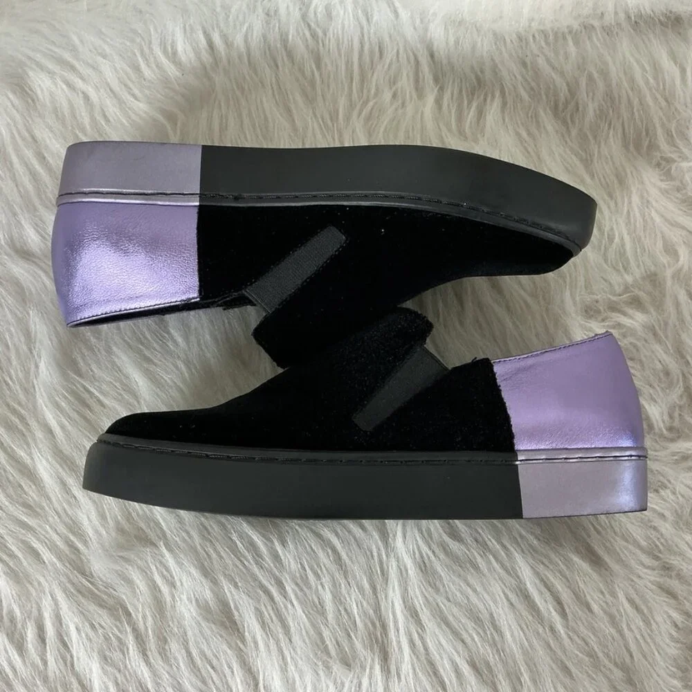 Free People Black Velvet Purple Metallic Leather Varsity Slip On Sneakers 37 US